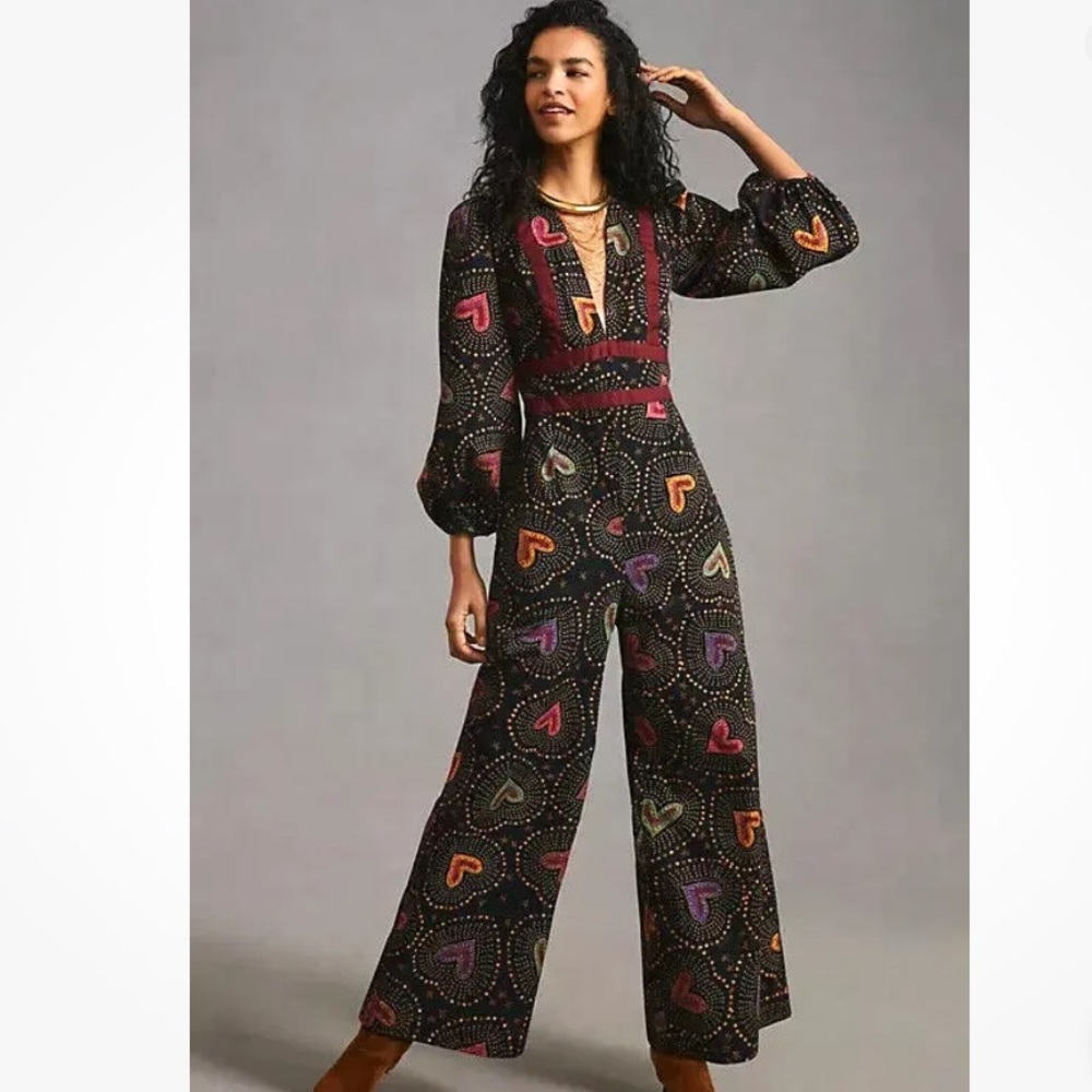 NWOT Farm Rio Deep V Hearts Print Jumpsuit Size XL